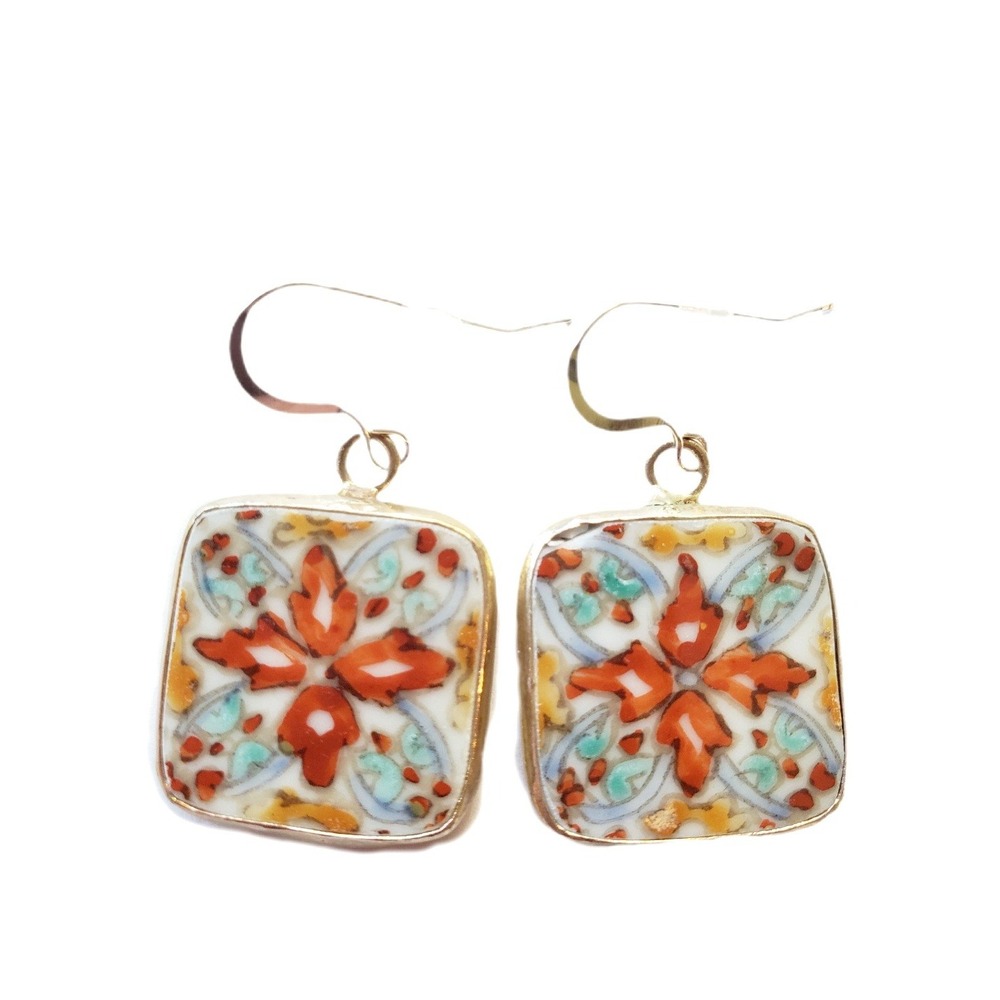 Hand Painted Vintage Porcelain Pottery Shard Earrings on Sterling Silver Wires
